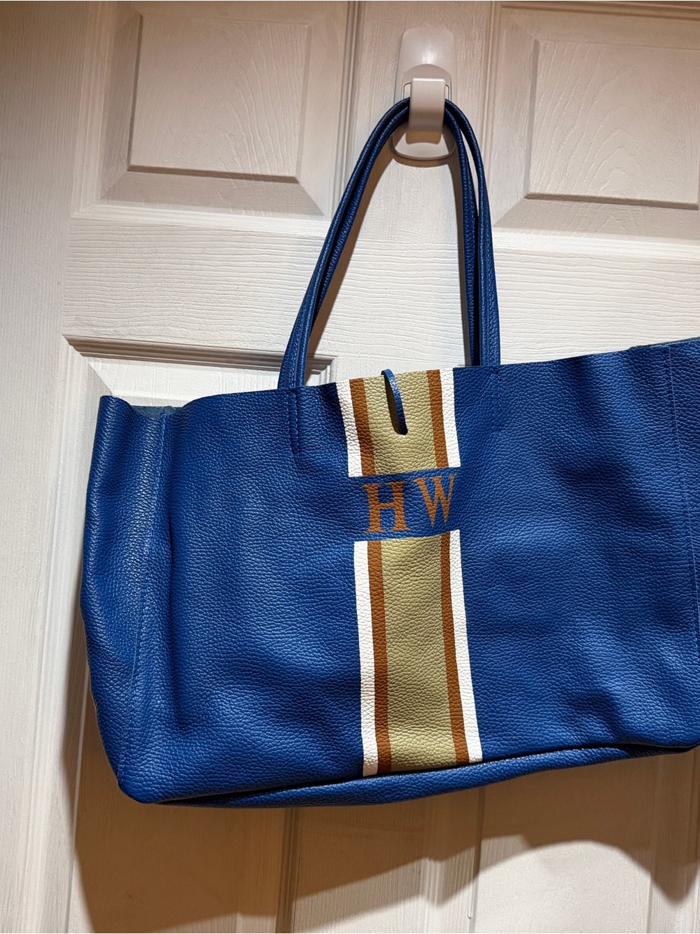Lily and Bean Personalized Blue Leather Tote Bag with Striped Accent